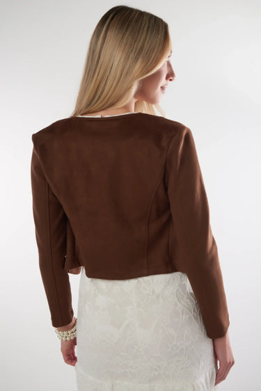Magasinez la veste ouverte en suède de la nouvelle collection de la Boutique Colori - Shop the open-front suede jacket from new collection from Boutique Colori