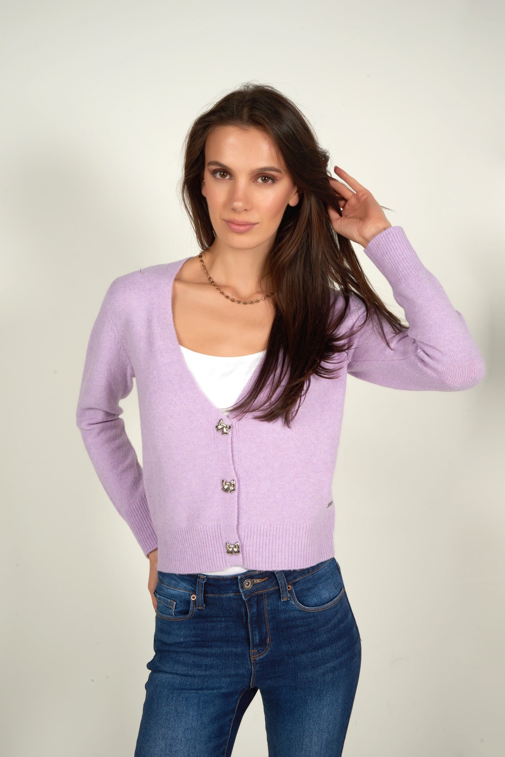 Rose clair | Cardigan à col en V et empiècement en pointelle - Femme Rose clair | Cardigan à col en V et empiècement en pointelle - Femme