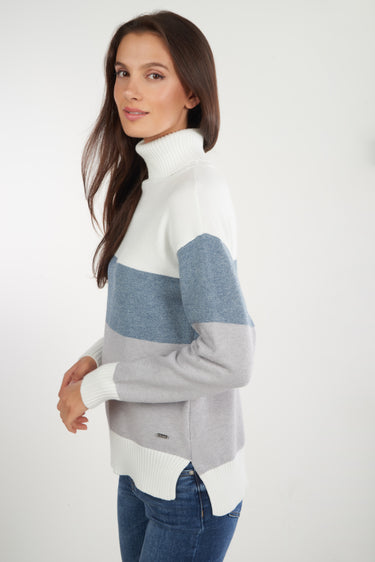 Magasinez le chandail rayé à col montant de Colori - Shop the striped turtleneck sweater from Colori